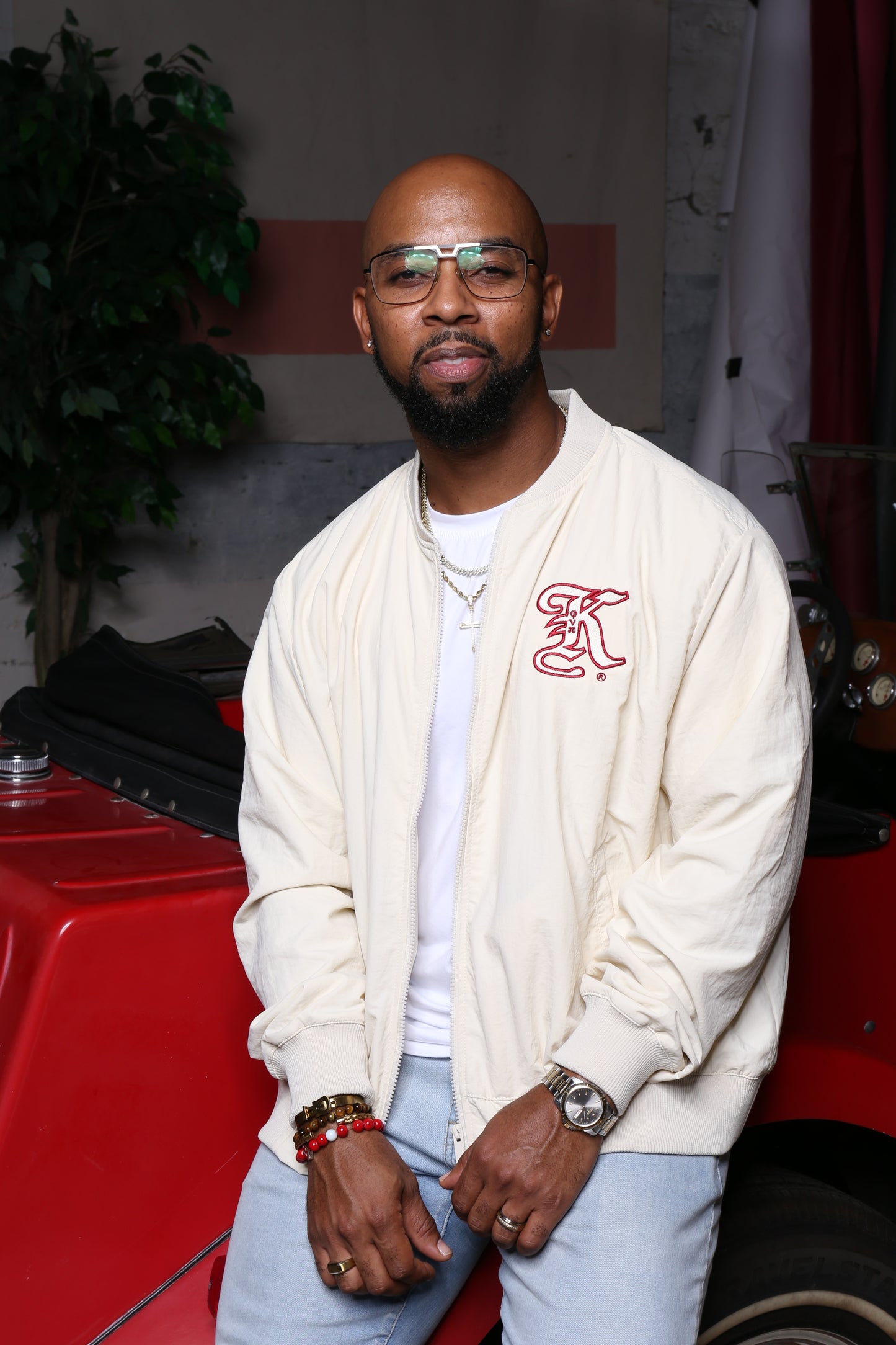 Krimson and Kream Cursive K Bomber Jacket