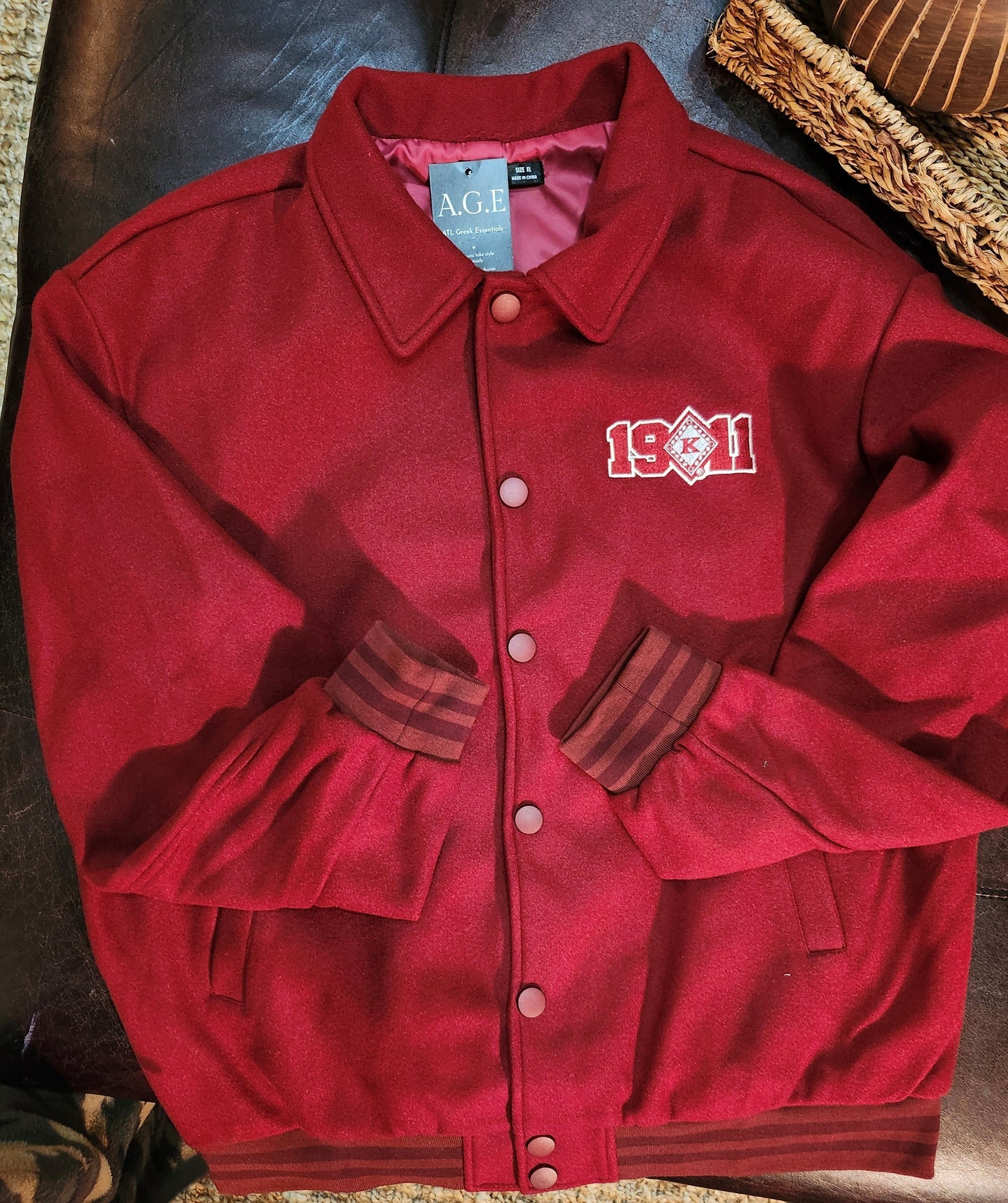 Kappa Alpha Psi- Krimson and Kream OUT-LINED Embroidered INDIANA/1911 Letterman Jacket