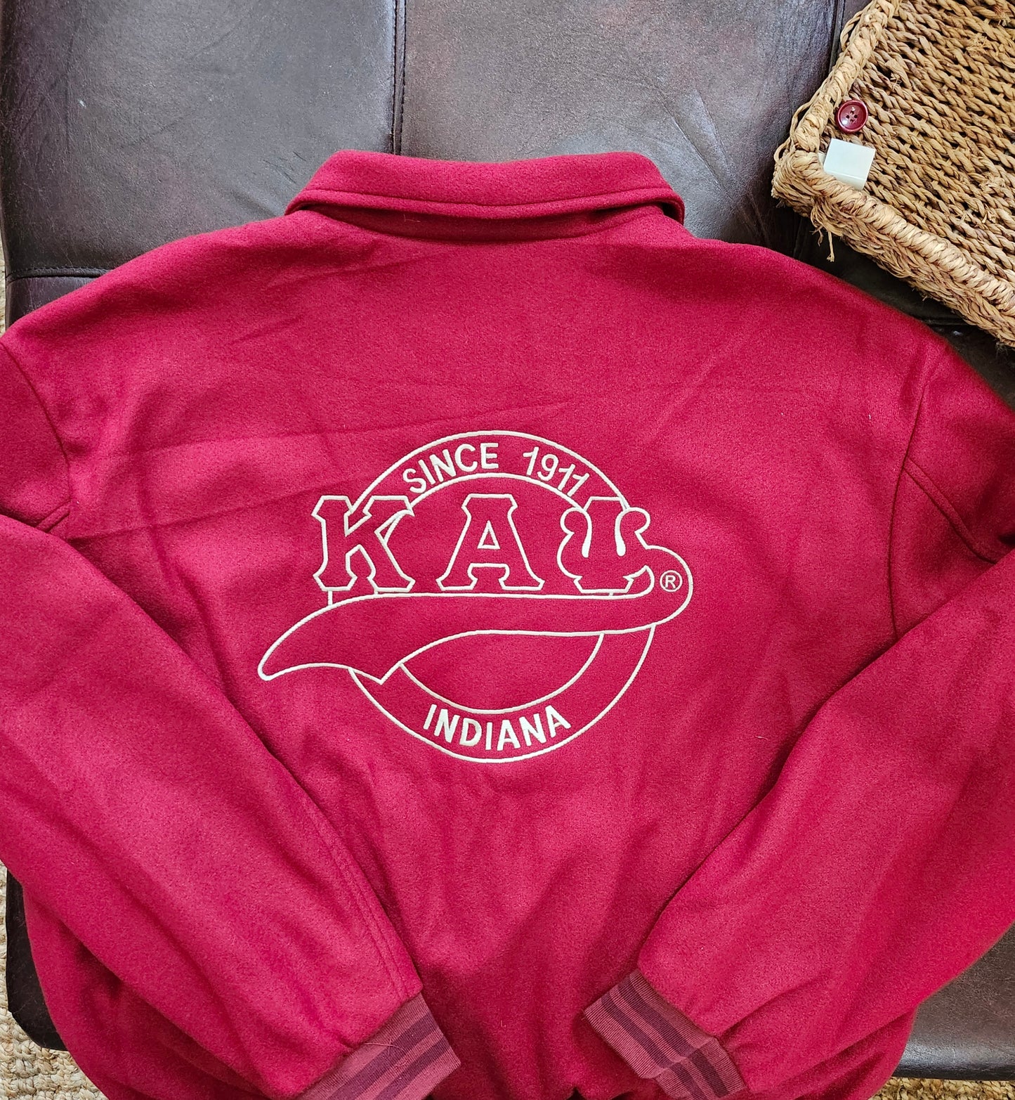 Kappa Alpha Psi- Krimson and Kream OUT-LINED Embroidered INDIANA/1911 Letterman Jacket