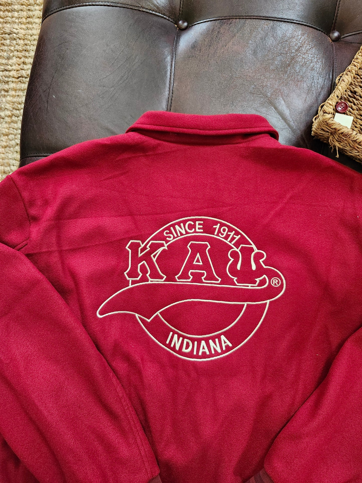 Kappa Alpha Psi- Krimson and Kream OUT-LINED Embroidered INDIANA/1911 Letterman Jacket