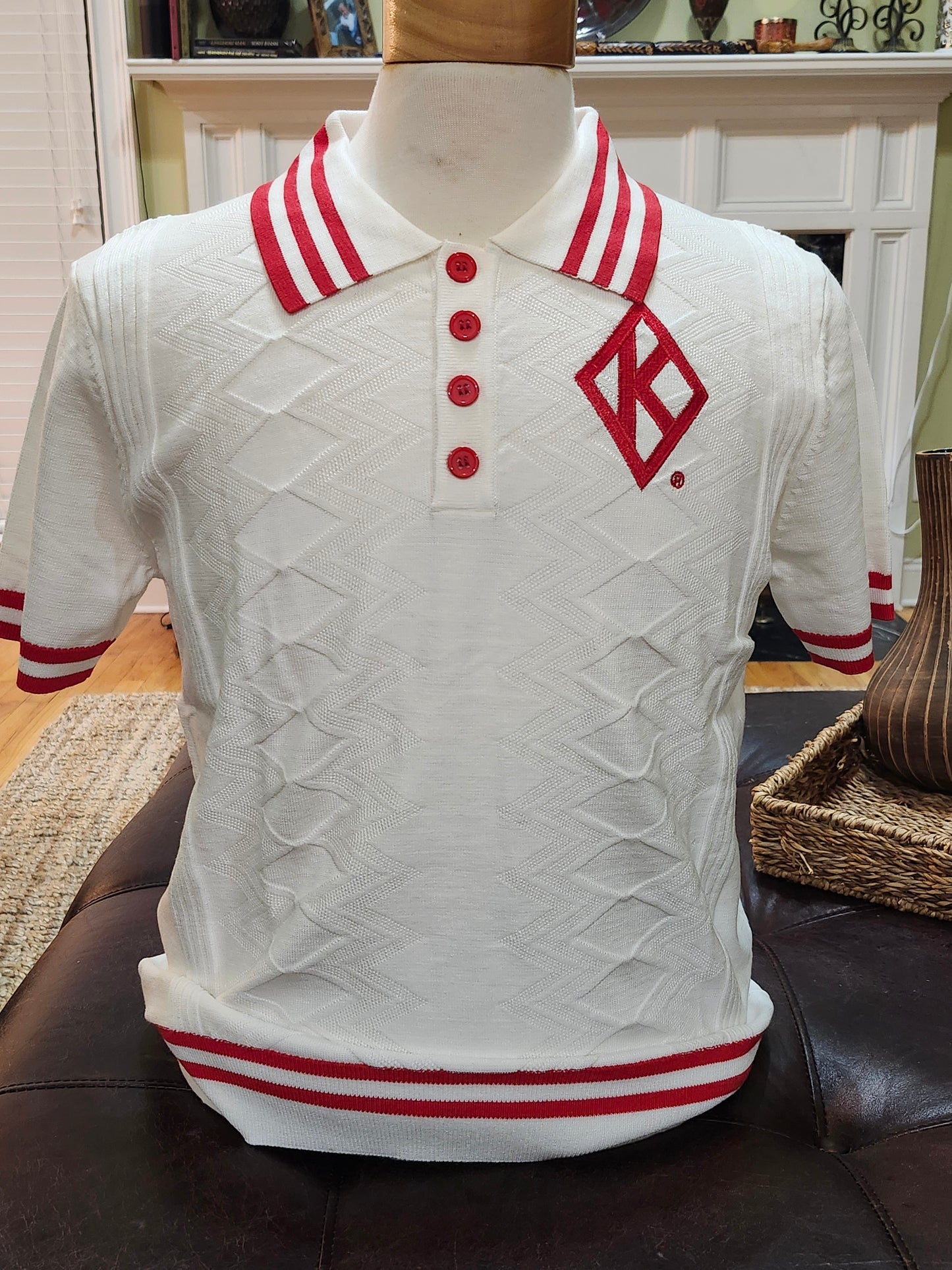 KAPPA ALPHA PSI DIAMOND POLO Cream Jacquard RED and White 3 strip line Neck