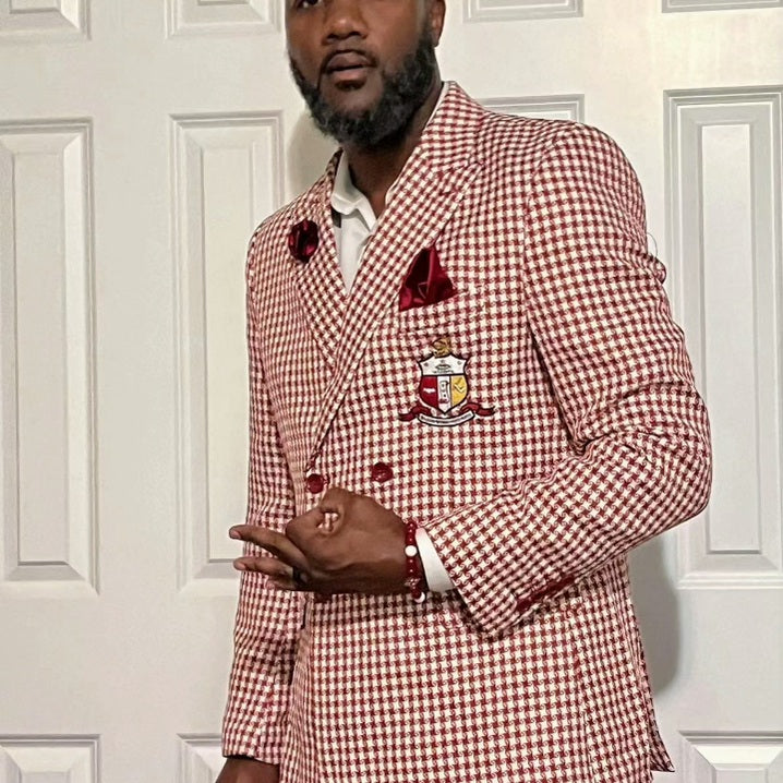 Kappa Alpha Psi Krimson and Kream double-breasted Houndstooth Shield Blazer