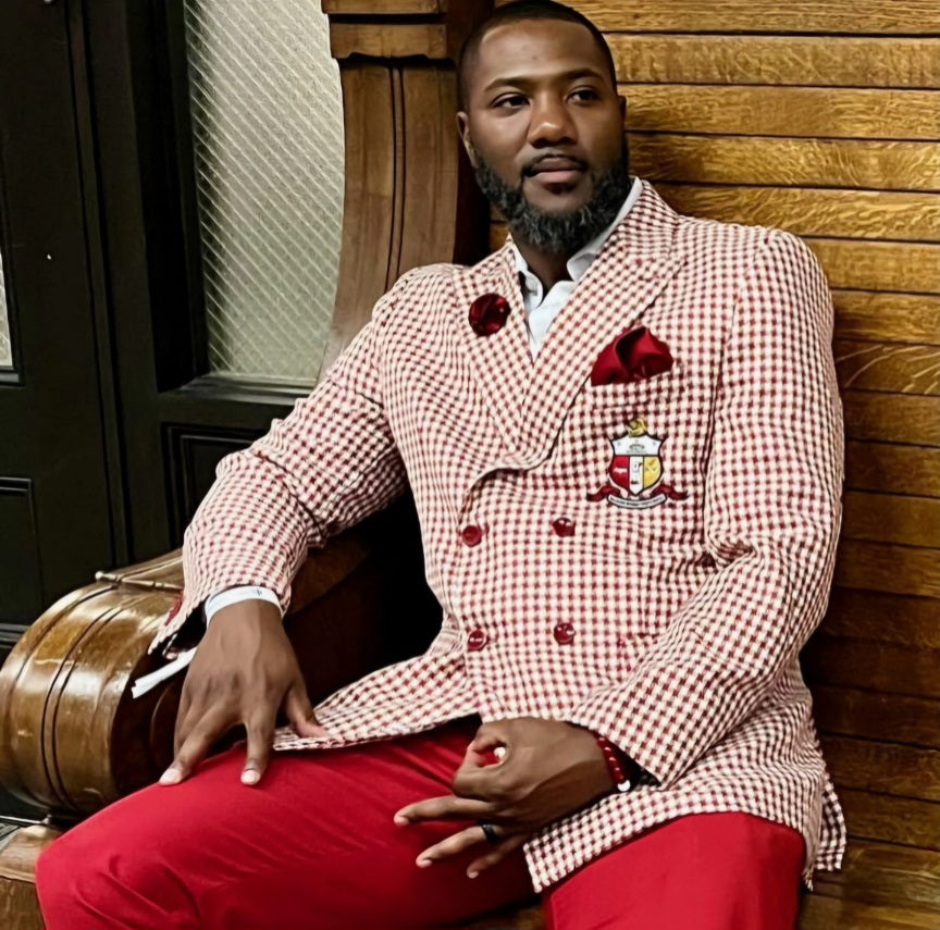 Kappa Alpha Psi Krimson and Kream double-breasted Houndstooth Shield Blazer