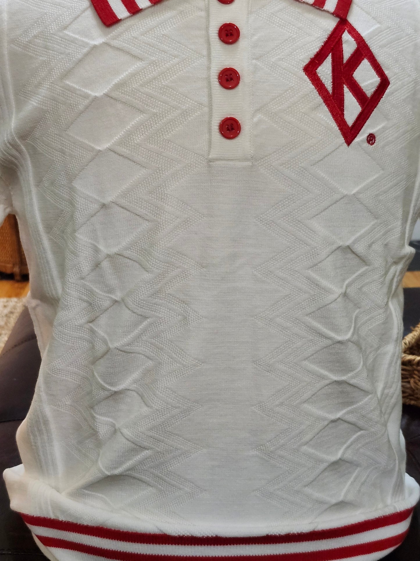 KAPPA ALPHA PSI  DIAMOND POLO Cream Jacquard RED and White 3 strip  line Neck