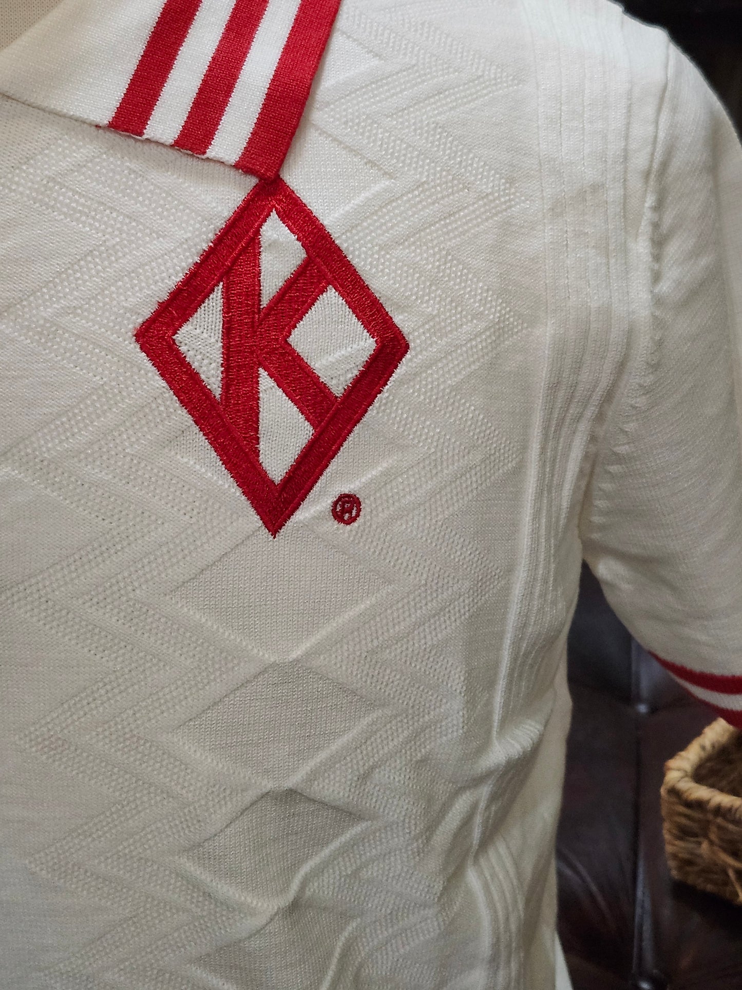 KAPPA ALPHA PSI  DIAMOND POLO Cream Jacquard RED and White 3 strip  line Neck