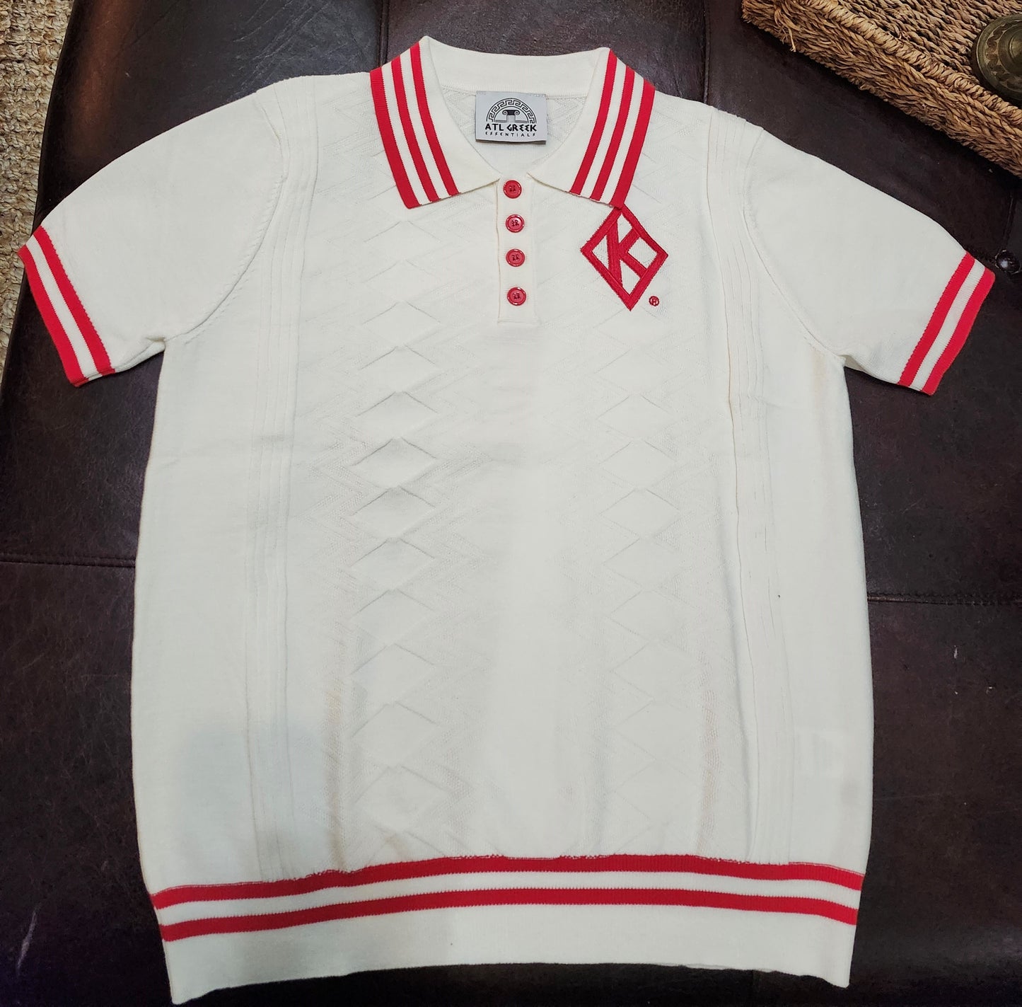 KAPPA ALPHA PSI  DIAMOND POLO Cream Jacquard RED and White 3 strip  line Neck