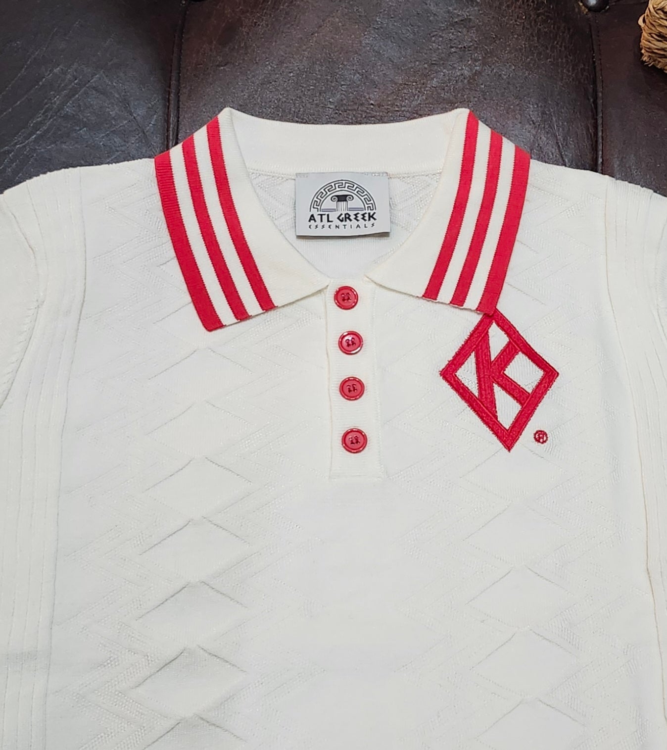 KAPPA ALPHA PSI  DIAMOND POLO Cream Jacquard RED and White 3 strip  line Neck