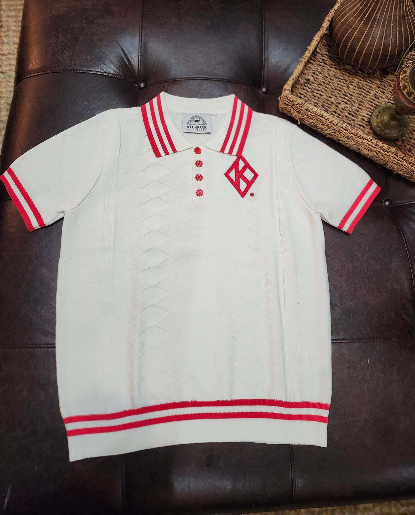 KAPPA ALPHA PSI  DIAMOND POLO Cream Jacquard RED and White 3 strip  line Neck