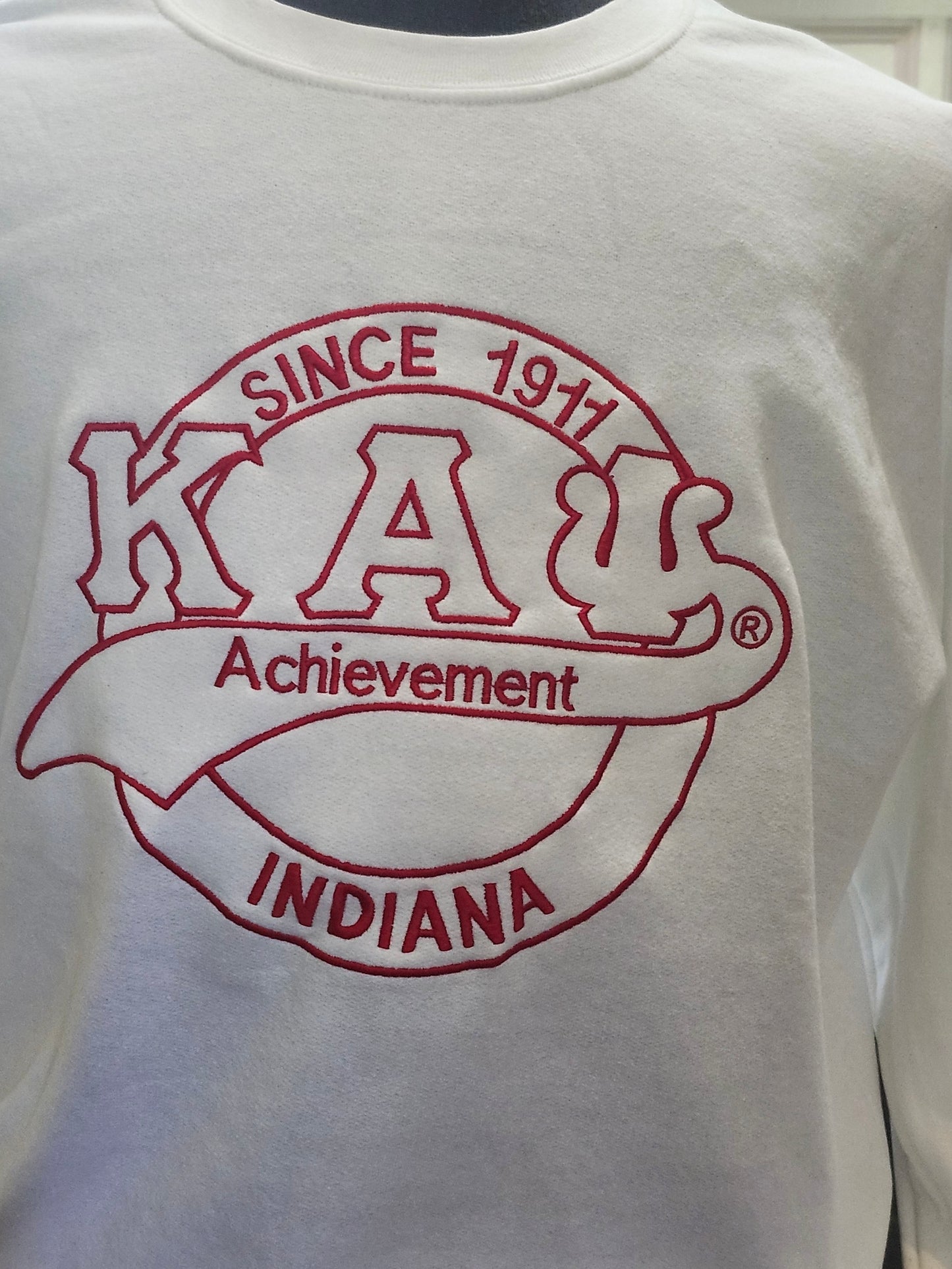 Red and White Indiana Achievement Kappa Alpha Psi Crewneck shirt