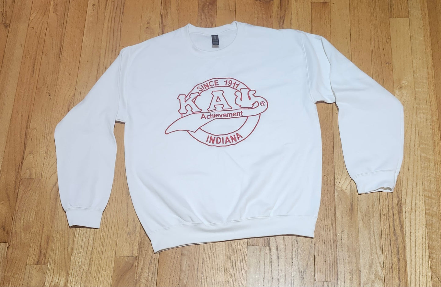 Red and White Indiana Achievement Kappa Alpha Psi Crewneck shirt