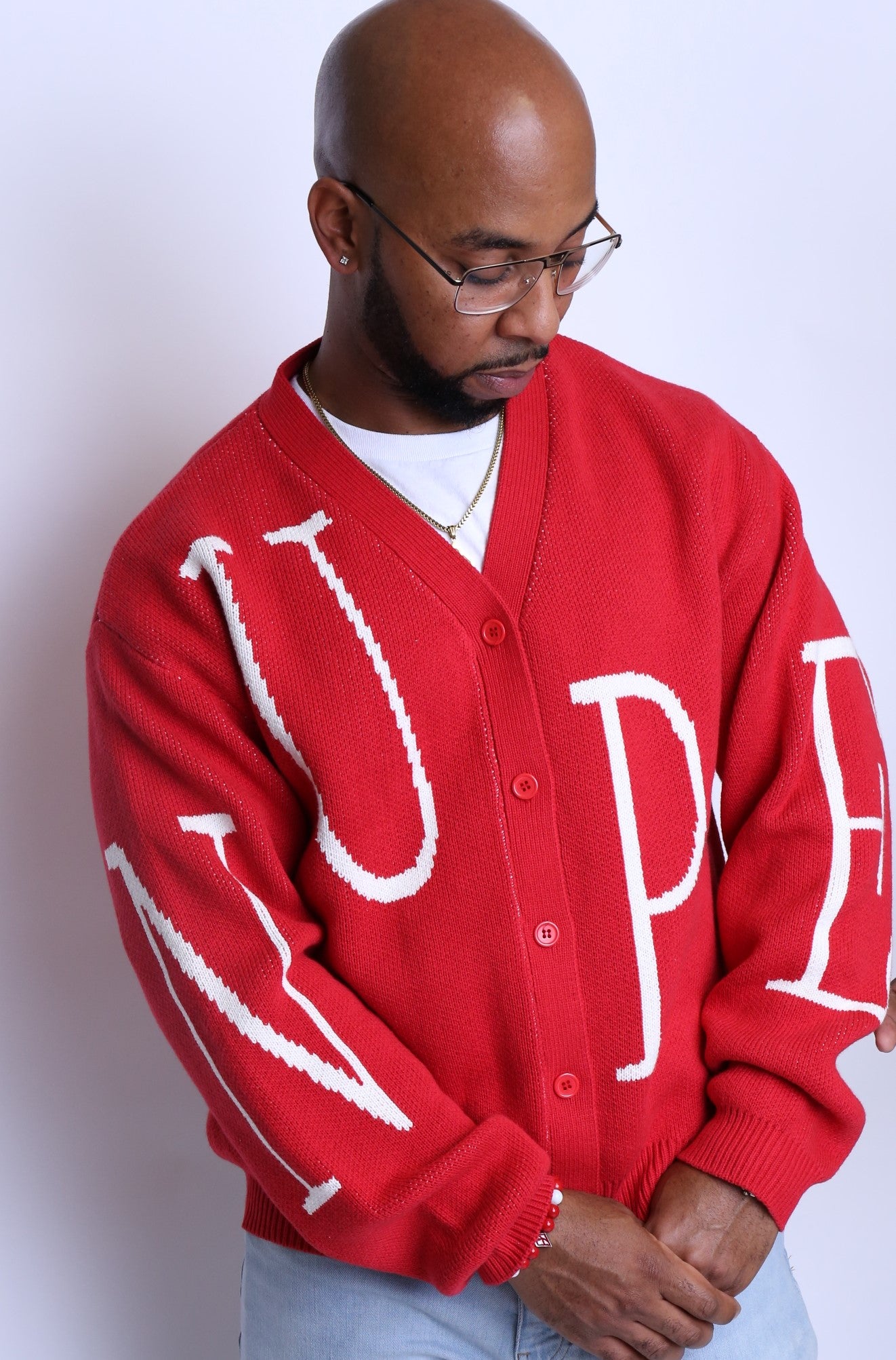 EXCLUSIVE !!! Red and White NUPE button down sweater