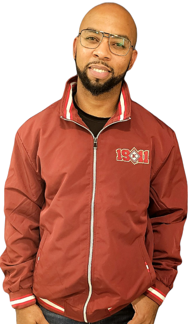 KRIMSON AND WHITE STRIPPED BOMBER JACKET