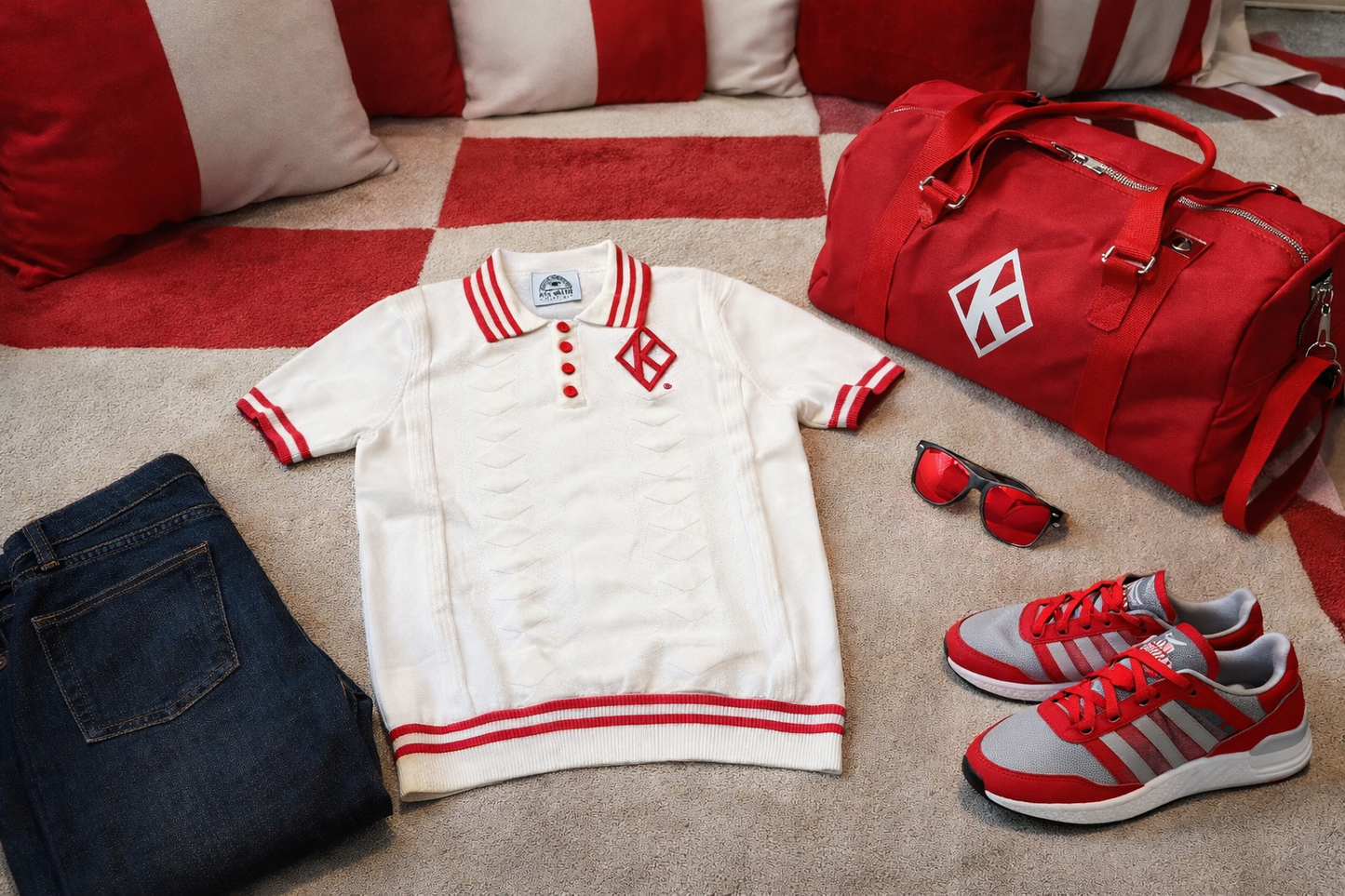 KAPPA ALPHA PSI  DIAMOND POLO Cream Jacquard RED and White 3 strip  line Neck